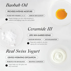 HAPPY FLORA Microbiome Balancing Face Cream ingredients - baobab oil, ceramide 3 and real swiss yogurt